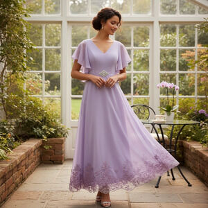 Elegant Lavender Embroidered Gown – Size 2 – NWT – Corset Back & Pockets